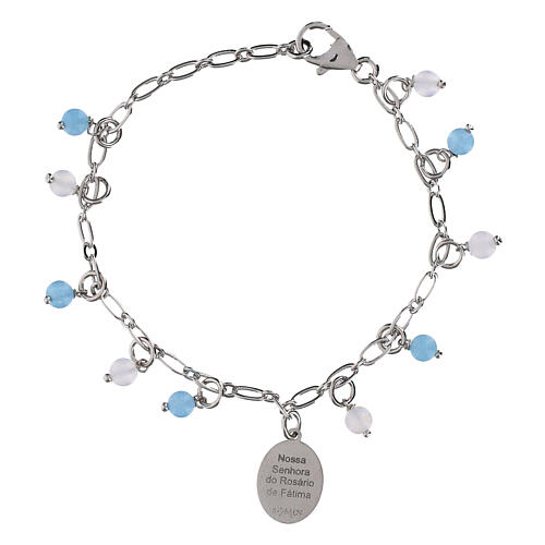 Bracelet perles angélite bleu ciel et jaspe blanc en laiton rhodié Notre-Dame de Fatima Amen 4