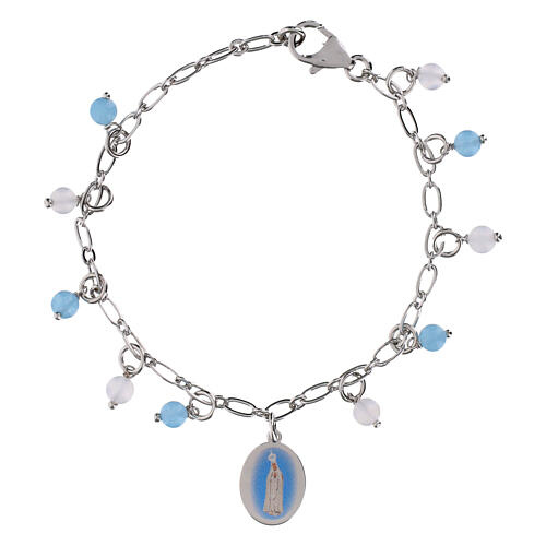 Bracciale grani angelite celeste e diaspro rosso in ottone rodiato Madonna di Fatima Amen 1