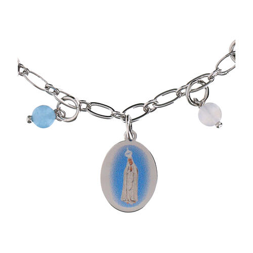Bracciale grani angelite celeste e diaspro rosso in ottone rodiato Madonna di Fatima Amen 2