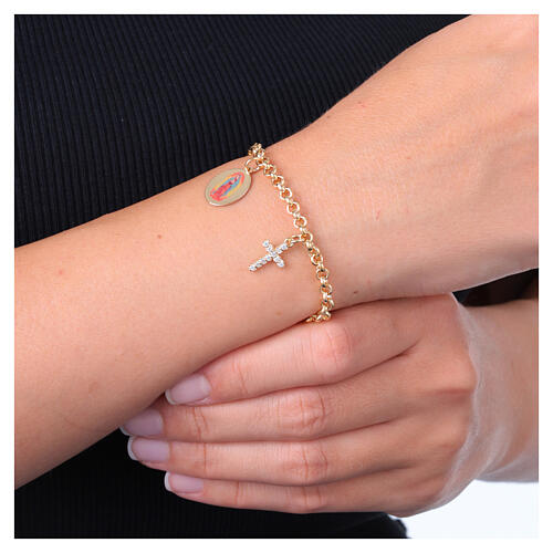 Armband, Amen, vergoldetes Messing, mit weißen Zirkonia, Charms und Darstellung Unserer Lieben Frau von Guadalupe 2