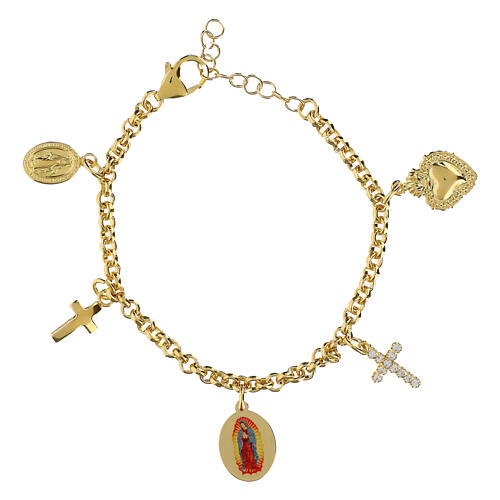 Pulsera Amen de latón dorado con zircones blancos colgantes y medalla Nuestra Señora de Guadalupe 1