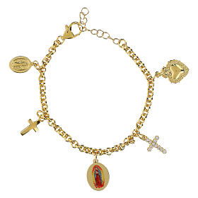 Bracelet Amen en laiton doré avec des zircons blancs, des berloques et une médaille de Notre-Dame de Guadalupe