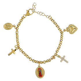 Bracciale Amen in ottone dorato con zirconi bianchi charms e medaglia Nostra Signora Guadalupe