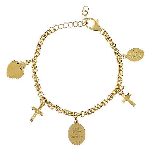 Amen Bracelet in golden brass with white zircons charms and medal of Our Lady of Guadalupe 3