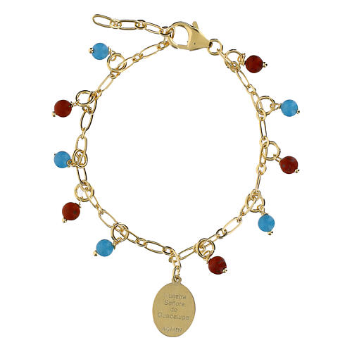 Armband aus vergoldetem Messing mit himmelblauen Angelit- und roten Jaspis-Edelsteinen und Medaille Unserer Lieben Frau von Guadalupe 3