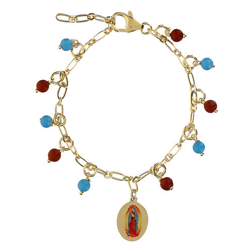Gold plated brass bracelet with sky blue angelite and red jasper gems, Our Lady of Guadalupe medal 1