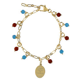 Pulsera latón dorado gemas angelita celeste jaspe rojo medalla Virgen de Guadalupe