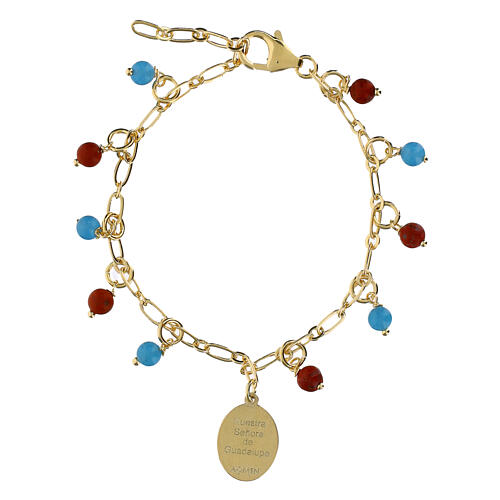 Bracciale ottone dorato gemme angelite celeste diaspro rosso medaglia Nostra Signora Guadalupe 2