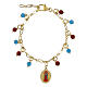 Gold-plated brass bracelet with light blue angelite and red jasper gems Our Lady of Guadalupe medal s1