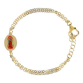 Pulsera de latón dorado doble cadena medalla Nuestra Señora de Guadalupe Amen