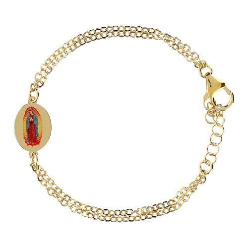 Pulseira de latão dourado dupla corrente medalha de Nossa Senhora de Guadalupe Amen 1
