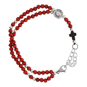 Braccialetto rosario Carlo Acutis legno rosso 4 mm divisori medaglia argento e croce