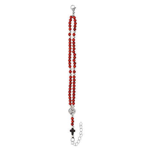 Braccialetto rosario Carlo Acutis legno rosso 4 mm divisori medaglia argento e croce 3