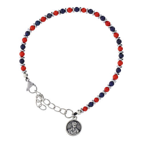 Pulseira terço Carlo Acutis lapis-lazúli e coral, separadores de hematita 4 mm e medalha 1