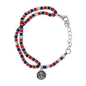 Rosenkranzarmband Carlo Acutis aus Lapislazuli und Koralle mit silberfarbenen Scheibenelementen, 4 mm
