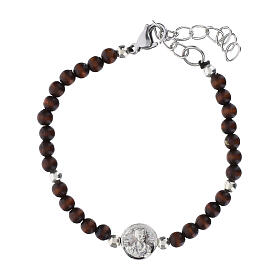 Pulseira Carlo Acutis em pau-rosa com divisor de aço e contas de 4 mm