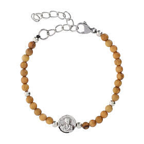 Armband Carlo Acutis aus Olivenholz mit versilberten Perlen und Medaille, 4 mm