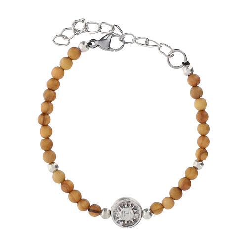 Armband Carlo Acutis aus Olivenholz mit versilberten Perlen und Medaille, 4 mm 3