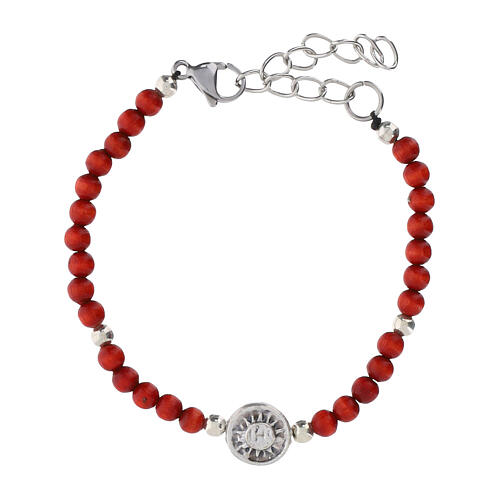 Armband Carlo Acutis mit Medaille und Perlen aus rotem Buchenholz, 4 mm 3