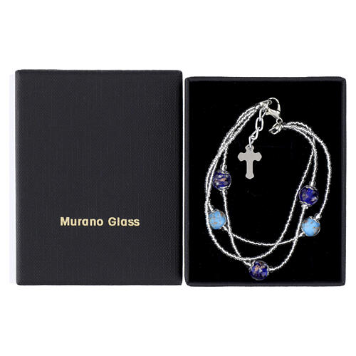 Pulseira de 3 voltas acabamento prata contas de vidro de Murano azul e celeste 4