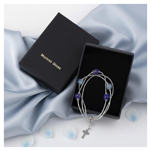 Three‑wrap Murano glass bead bracelet in silver, blue and light blue 2