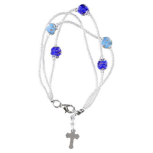 Three‑wrap Murano glass bead bracelet in silver, blue and light blue 3
