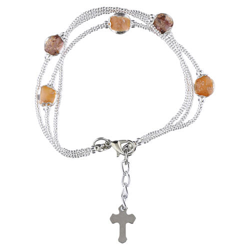 Pulseira 3 voltas em pérolas de vidro de Murano 5 mm acabamento prateado bege e violeta 2