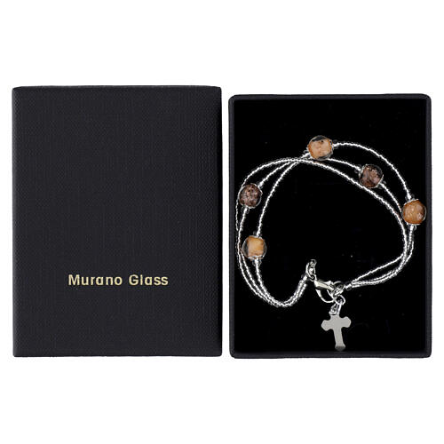 Pulseira 3 voltas em pérolas de vidro de Murano 5 mm acabamento prateado bege e violeta 3