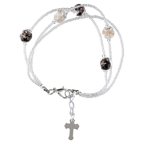Pulseira 3 voltas preta e branca com contas de vidro de Murano 5 mm, acabamento prateado 3
