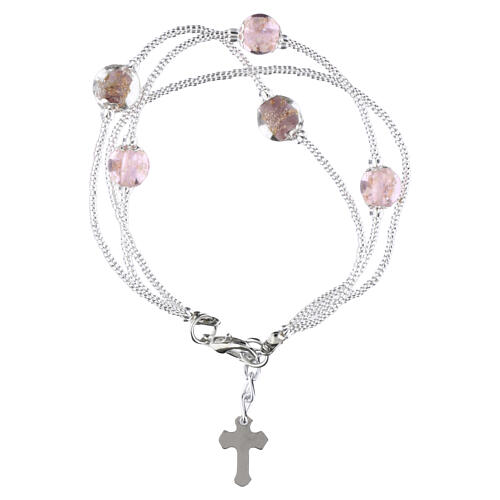 Bracelet 3 tours perles 5 mm en verre de Murano, finition argentée, rose et lilas 3