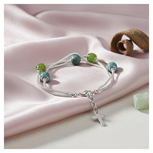 Manin triple‑wrap bracelet with 5 mm Murano glass beads, green, silver finish 3