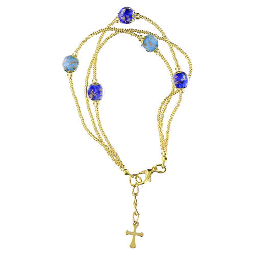 Pulseira 3 voltas com pérolas de vidro de Murano 5 mm acabamentos ouro, prata e azul 2