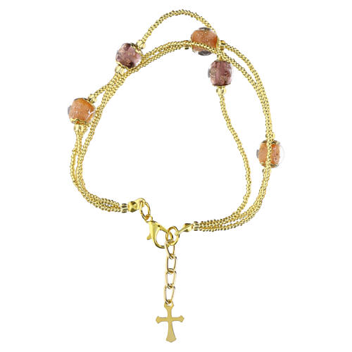 Bracelet 3 tours perles en verre de Murano 5 mm finition dorée beige et violet 3