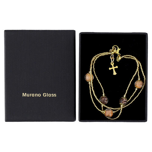 Pulseira 3 voltas pérolas vidro de Murano 5 mm acabamento dourado bege violeta 4