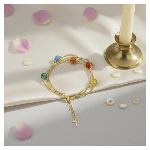 Pulseira 3 voltas com pérolas de vidro de Murano 5 mm, acabamento dourado, multicolorida 2