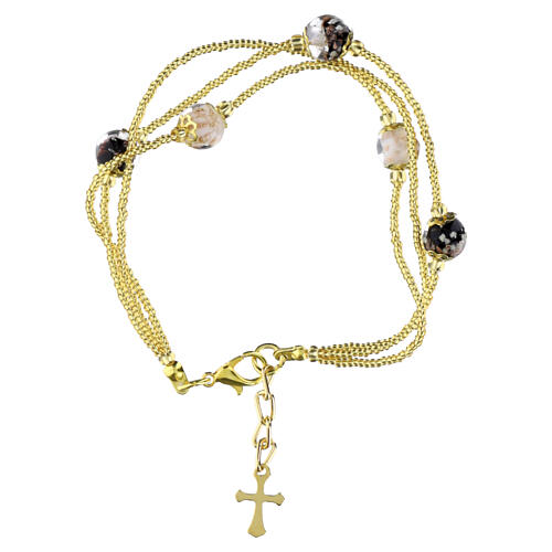 Pulseira 3 voltas com contas de 5 mm em vidro de Murano, preto e branco, acabamento dourado 3