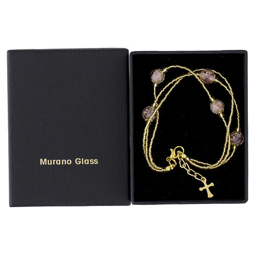 Pulseira dourada 3 voltas com contas 5 mm em vidro de Murano lilás e cor-de-rosa 4