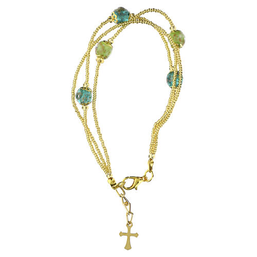 Bracciale 3 giri perle 5 mm vetro di Murano verde chiaro e verde smeraldo finitura oro 3