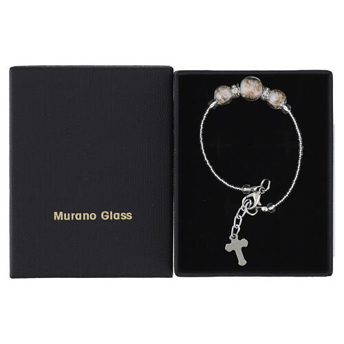 Pulseira contas 10 mm vidro de Murano branco acabamento prateado 5