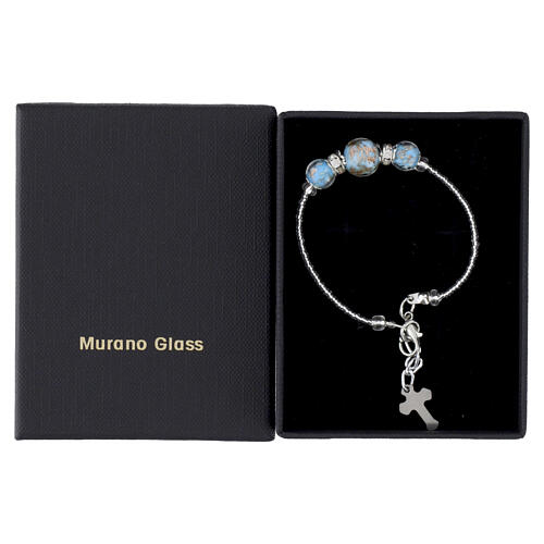 Pulseira feminina vidro de Murano azul celeste acabamento prateado com pérolas redondas de 10 mm 5