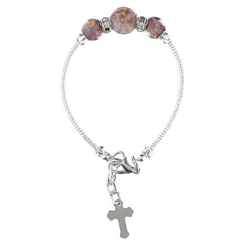 Pulseira de vidro de Murano lilás com pérolas 10 mm e estrutura acabamento prateado 4