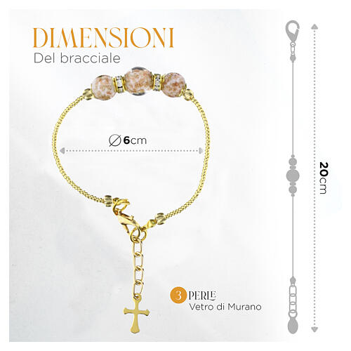 Pulseira feminina contas 10 mm vidro de Murano branco cruz acabamento dourado 3