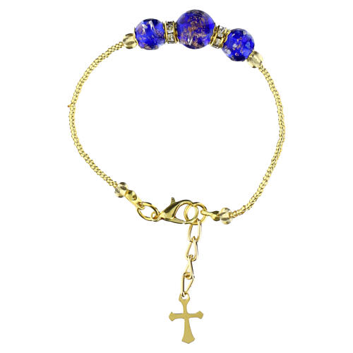 Pulsera joya vidrio de Murano azul 10 mm con detalles y cruz dorada 5