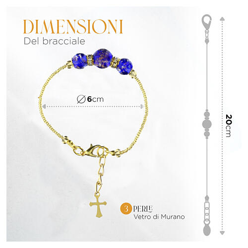 Bracciale gioiello vetro di Murano blu 10mm con dettagli e croce dorati 4