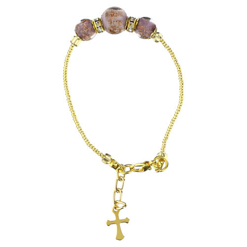 Bracciale 10mm vetro di Murano lilla con croce dorata 4