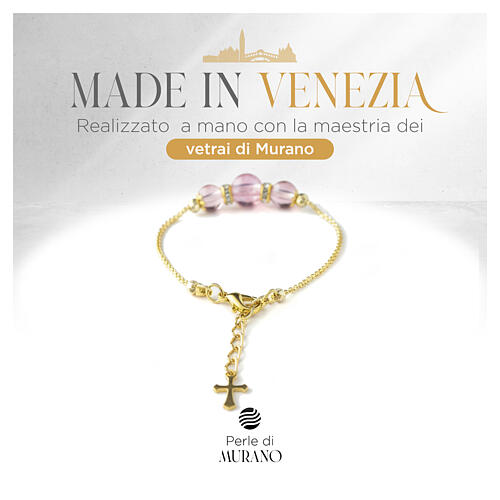 Bracelet 10 mm finition dorée avec perles roses en verre de Murano 3