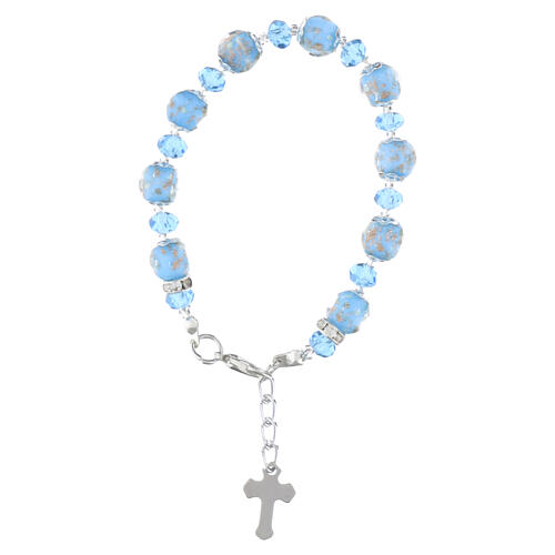 Pulseira com pérolas de Murano 10 mm azul-celeste e cristais da Boêmia 5 mm acabamento prateado 3