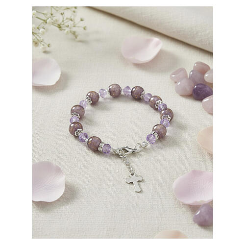 Pulsera perlas vidrio Murano lila con cristales 5 mm acabado plata 2