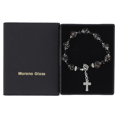 Pulsera mujer vidrio Murano negro 10 mm y cristales Bohemia 5 mm con acabado plata 4