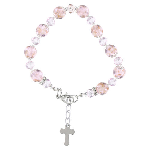 Pulseira contas de vidro Murano 10 mm cor-de-rosa cristais da Boêmia 5 mm acabamento prateado 3